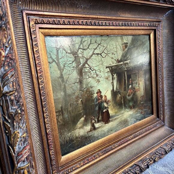 Vintage Oil Painting Panel with Large Wood & Gold Ornate Frame Little Musician - Picture 6 of 10